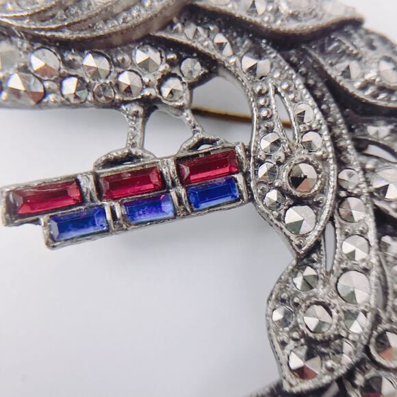 Vintage Mid Century Peacock Brooch, Patriotic Glass, Marcasite Style, 1950s Pin - Picture 4 of 9